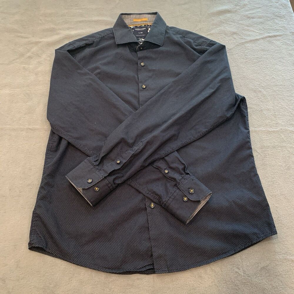Denim & Flower Shirt Mens Large Navy Long Sleeve Ricky Singh Polka Dot.